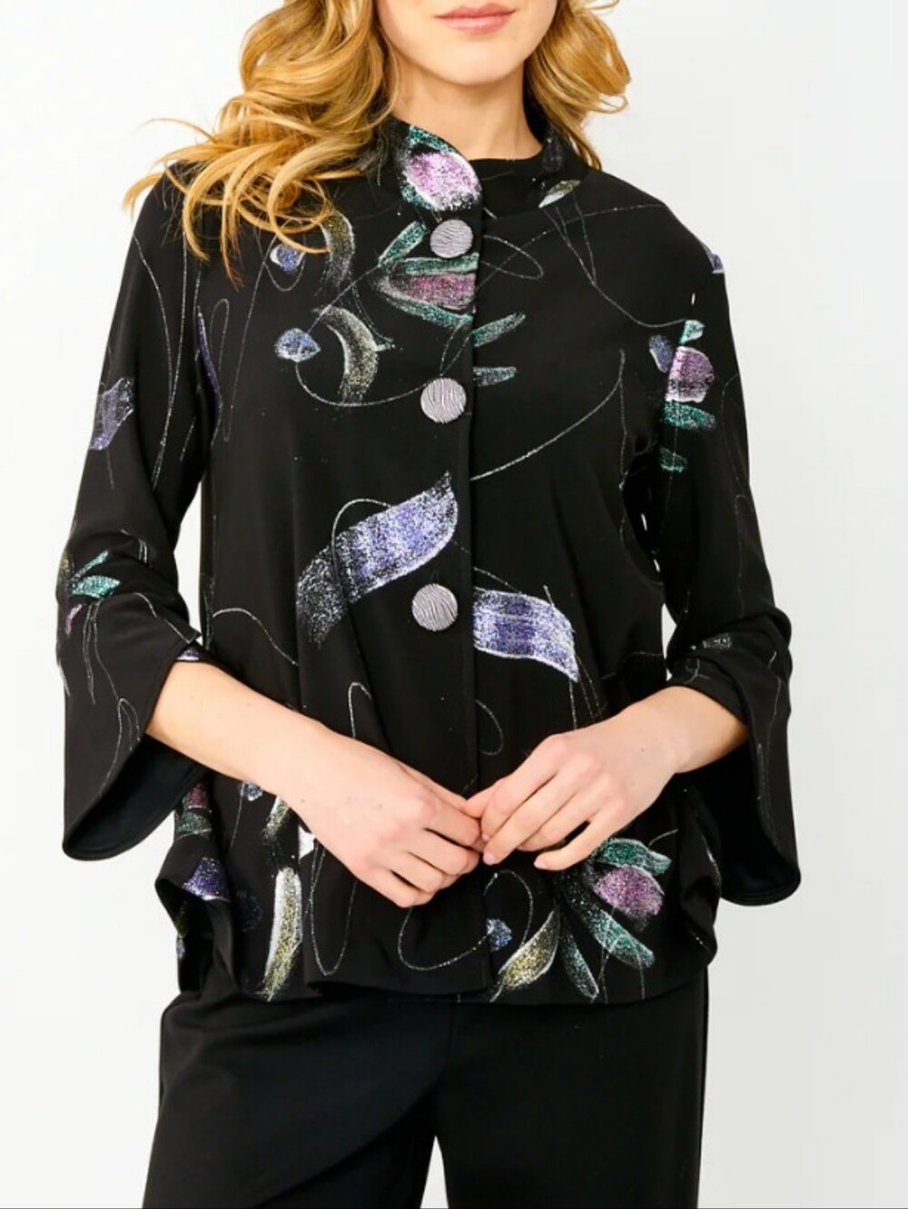 Stunning Frank Lyman Black Top with  Glittery Abstract Pastel Accents